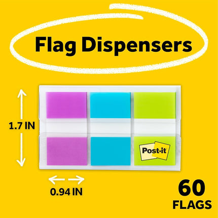 Post-it Flags, 60/On-The-Go Dispenser, 1 Dispenser/Pack, 1 in Wide, Purple, Blue, Green (680-PBG)