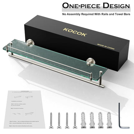 KOCOK 24-Inch Tempered Glass Bathroom Shelf with Towel Bar - Brushed Nickel Towel Holder Modern SUS304 Stainless Steel, Wall Mount Towel Hanger