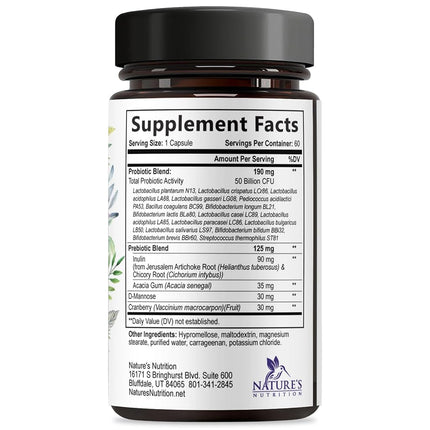 Nature's Nutrition Women’s Probiotics 50 Billion CFU Guaranteed, Vegan Probiotic Strains, Supports Womens Digestive, Immune, Vaginal, & Urinary Health, Delayed Release, No Soy Gluten 60 Capsules