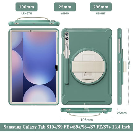 Junfire Case for Samsung Galaxy Tab S10+/S8+/S7+ 12.4 Inch, Shockproof Protective Case with Rotating Kickstand Hand Strap Pen Holder for Tablet - Green
