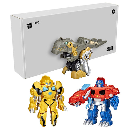 Transformers Playskool Primal Team-Up Pack de 3 con figuras convertibles de dinosaurios Optimus Prime, Bumblebee y Grimlock, juguetes de 11,4 cm, para niños de 3 años en adelante (Exclusivo de Amazon)