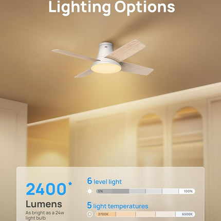 DREO Ceiling Fans with Lights, 44 inch Low Profile White Ceiling Fan, Reversible, 5CCT, 6-Level Dimmable, 6 Speeds Bedroom Ceiling Fan, Quiet, Easy to Install, Timer, Flush Mount, Remote Control