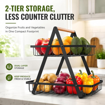 mahueeol 2 Tier Countertop Fruit Basket,Portable Fruit Bowle Basker for Kitchen Organizer Storage & Dining Room Fruits Vegetable BreadSnacks, Detachable Metal Rectangle Basket Storage