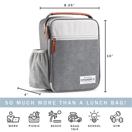 Foundry by Fit + Fresh, Thayer Insulated Lunch Bag, Reusable Lunch Box & Soft Mini Cooler Bag, Perfect for School, Work, Picnics & More, Corduroy Charcoal Grey