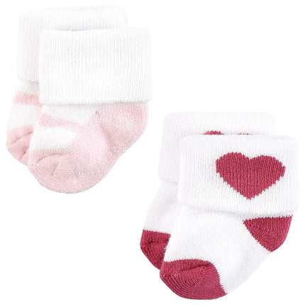 Hudson Baby Baby Girls' Cotton Rich Newborn and Terry Socks, Mom and Dad Girl Pink Black 12-pack, 6-12 Months