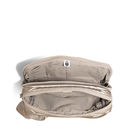 Baggallini Modern Belt Bag 5x8 Travel Fanny Pack Sling Bag Waistpack w/RFID Card Holder Water-Resistant Crossbody Bag, Platinum Ecopuff, One Size