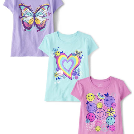 The Children's Place Girls' Kindness, Love, Equality Short Sleeve Graphic T-Shirts,multipacks, Butterfly/Rainbow Heart/Happy, XX-Large
