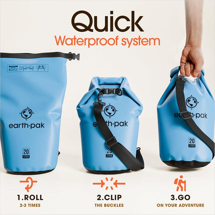 Earth Pak -Waterproof Dry Bag - Roll Top Dry Sack Keeps Gear Dry for Boating, Hiking, Camping and Fishing with Waterproof Phone Case (Light Blue, 20L)