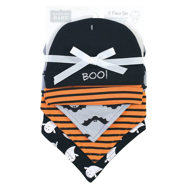 Hudson Baby Unisex Baby Cotton Bib and Headband or Caps Set, Ghost, One Size