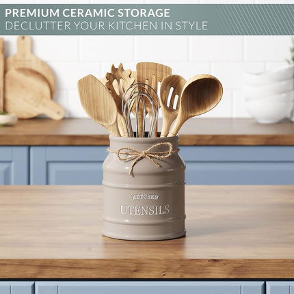 Barnyard Designs Ceramic Farmhouse Utensil Holder for Kitchen Counter, Large Rustic Utensil Crock, Countertop Cooking Tool Organizer, 6.75”, Taupe