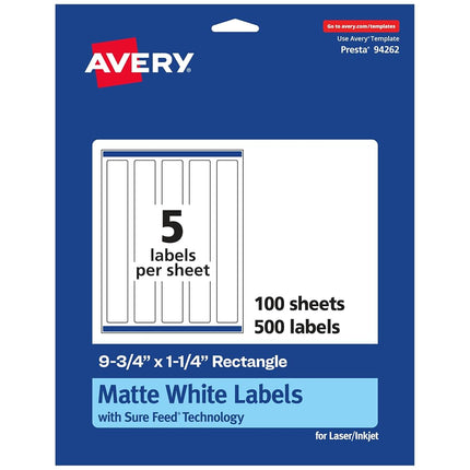 Avery Matte White Rectangle Labels with Sure Feed, 9.75" x 1.25", 500 Matte White Printable Labels