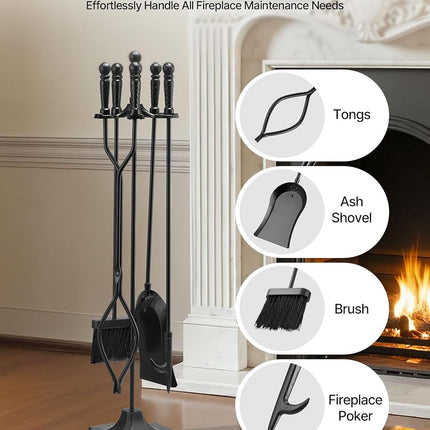 VEVOR Fireplace Tool Set, 5 PCS Fire Tool Set and Holder with Five-Prong Stand, Tongs, Ash Shovel, Brush, Fire Place Poker, Wrought Iron Fireplace Accessories for Campfire Indoor/Outdoor, Black
