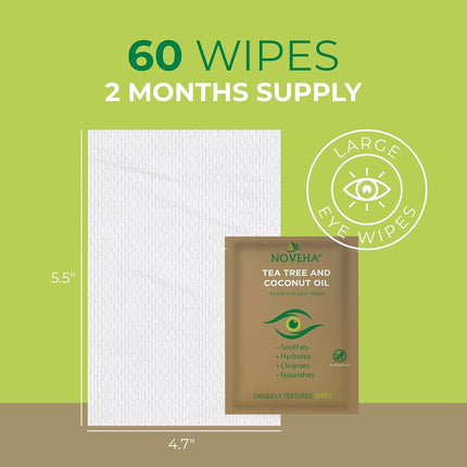 NOVEHA Tea Tree & Coconut Oil Eyelid & Lash Wipes | For Demodex, Blepharitis & Itchy Eyes - Effective Eyelash Wipes With Aloe Vera, Natural Makeup Remover & Daily Eye Cleanser - 60PCS (Pack of 3)
