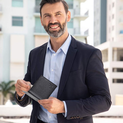 BULL GUARD Portefeuille en cuir pour homme, RFID, pliant, avec porte-cartes d'identité relevable, en cuir Saffiano noir