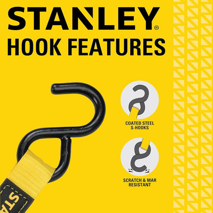 STANLEY S2002 Black/Yellow 1" x 10' Enclosed Cam-buckle Tie Down Straps - 400 lb Safe Working Load / 1,200 lb Break Strength, 4 Pack