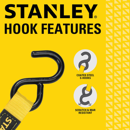 STANLEY S2002 Black/Yellow 1" x 10' Enclosed Cam-buckle Tie Down Straps - 400 lb Safe Working Load / 1,200 lb Break Strength, 4 Pack
