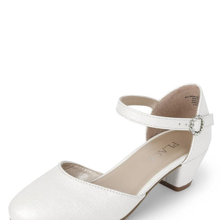 The Children's Place Girl's Low Heel Dress Pumps, White Shimmer, 1 Big Kid