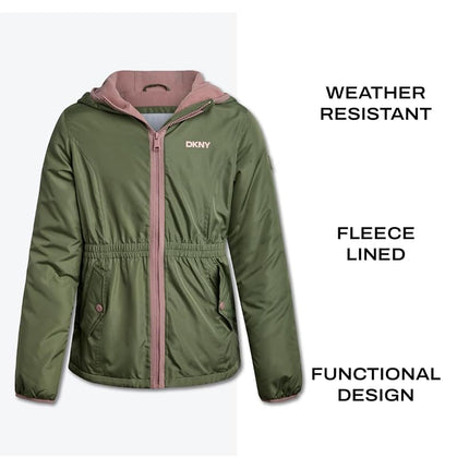 DKNY Veste polaire pour fille - Anorak coupe-vent à capuche doublé en polaire - Vêtement d'extérieur douillet et vestes d'hiver pour fille, vert grisé, 14-16