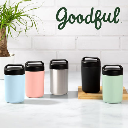 Goodful Vacuum Sealed Insulated Food Jar with Handle Lid, Stainless Steel Thermos, Lunch Container, 16 Oz, Sky Blue