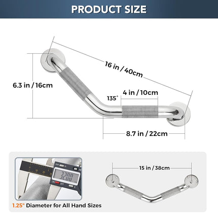 Grab Bars for Bathtubs and Showers- 1-1/4 x 16 Angled Shower Grab Bar for Seniors Knurled Stainless Steel Handicap Grab Bars for Wall (Polished Nickel, 2 Pack)
