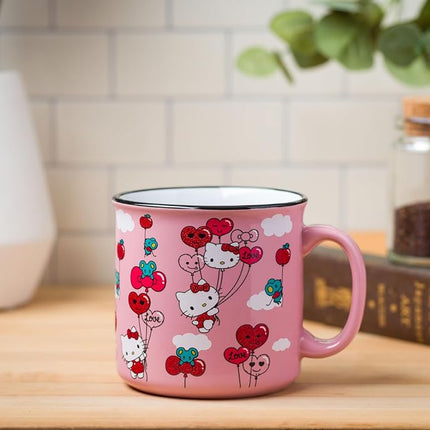 Silver Buffalo Sanrio Hello Kitty Red and Pink Heart, Bow, and Apple Balloons Glitter Pattern Featuring Joey the Mouse Ceramic Camper Mug, 20 Ounces
