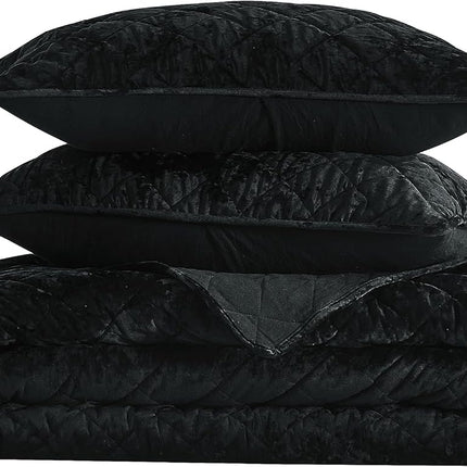 Chezmoi Collection Lux Black Velvet Quilt Oversized King Set, 3-Piece Plush Distressed Velvet Bedding All Season Lightweight Comforter Brushed Microfiber Reverse with Diamond Stitch Quilting