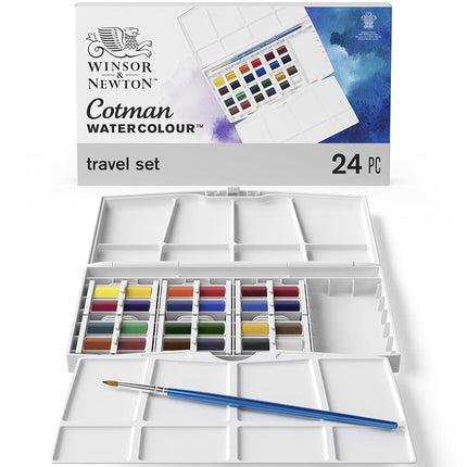 Winsor & Newton, Cotman Watercolour 'Travel Set', 24 x Half Pans + 1 x Cotman Watercolour Round Brush