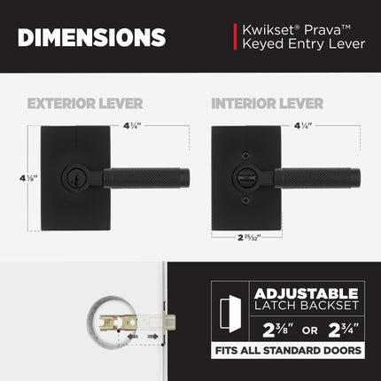 Kwikset Prava Entry Door Handle with Lock and Key, Secure Keyed Reversible Lever Exterior, for Front Entrance and Bedrooms, Matte Black, Pick Resistant Smartkey Rekey Security and Microban