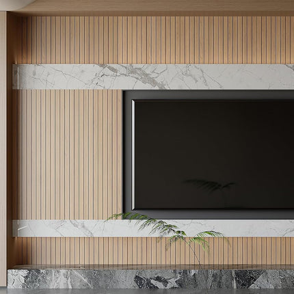 Yutianli PVC Slat Wall Panel Peel and Stick 118"x 15.7" Faux Wood Slat Panel Artificial Oak Wood Grain Self-Adhesive Soundproof 3D Wall Panel for Walls and Ceilings