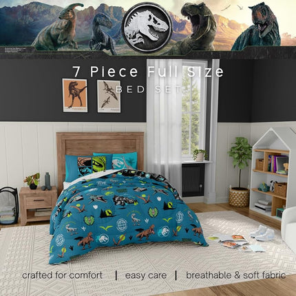 Franco Jurassic World Kids Bedding Super Soft Cozy Reversible Microfiber Comforter and Sheet Set with Sham, 7 Piece Full Size, (Officially Licensed Product)