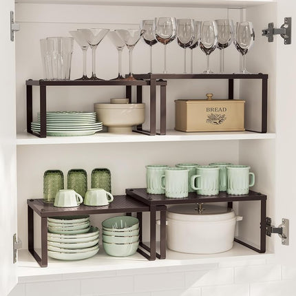 SONGMICS Cabinet Shelf Organizer, Set of 2 Metal Kitchen Counter Shelves, Stackable, Expandable Brown