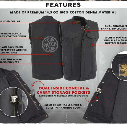 Gilet Club en jean pour homme Milwaukee avec bouton-pression et fermeture éclair dissimulés (noir, petit)