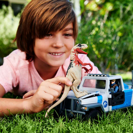 Coffret Camion Mattel Jurassic World Recherche et Destruction avec dinosaure Atrociraptor et figurine humaine, véhicule avec fonctions de destruction