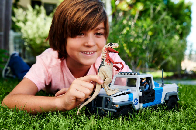 Coffret Camion Mattel Jurassic World Recherche et Destruction avec dinosaure Atrociraptor et figurine humaine, véhicule avec fonctions de destruction