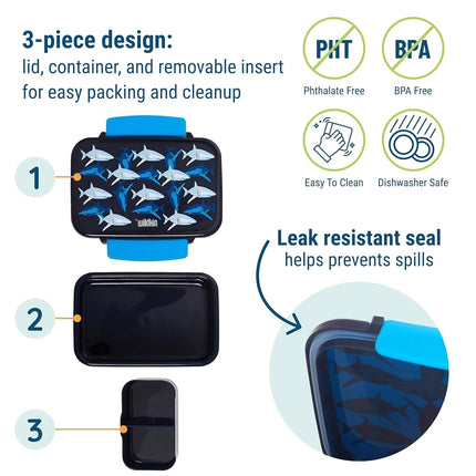 Wildkin Reusable Food Container for Boys and Girls- BPA-Free, Leak Resistant, Kid-Friendly with Removable Insert and Easy Open/Close Clasps, Airtight and Dishwasher Safe (Sharks)
