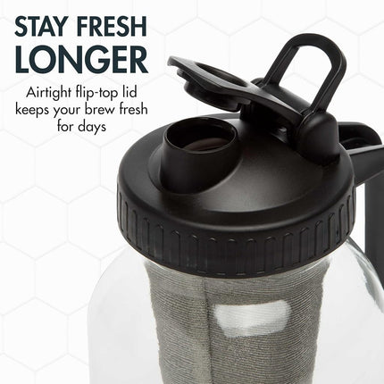 Primula Mason Jar Cold Brew Iced Coffee Maker with Stainless Steel Filter and Easy Pour Lid, Durable Glass Pitcher Fits in Most Fridge Doors, Dishwasher Safe, Made Without BPA, 2-Quart, Black