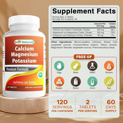 Best Naturals Calcium Magnesium Potassium - 120 Tablets - Non-GMO & Gluten Free