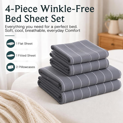 Full Size Striped Sheets, Deep Pocket Soft & Cooling Bed Sheet Set, 4PC