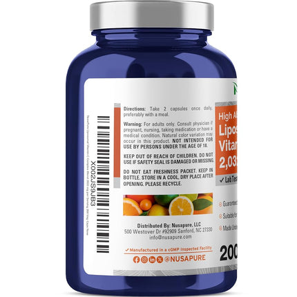 Liposomal Vitamin C 2032mg - 200 Veggie Capsules with BioPerine - High Absorption Ascorbic Acid - Supports Healthy Immune Function and Normal Antioxidant Activity.* High Dose Fat Soluble Supplement