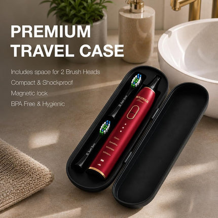 Wagner Stern IntelliBrush Series Whitening Electric Toothbrush with Pressure Sensor. Offers 4 Brushing Modes, 3 intensities, 8 Soft Brush Heads, and a Luxury Travel case.v