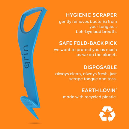 GRIN Tongue Cleaner, 48 Count, Disposable Tongue Cleaner, Hygienic Scraper, Recycled Plastic, Clean Tongue, Promote Fresh Breath, Includes Safe Fold- Back Tooth Pick