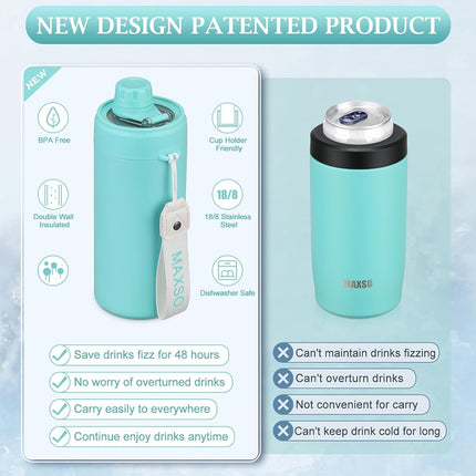 MAXSO Sealed Can Cooler Fizz Lid Can Cover for 12 oz Regular, Slim Skinny Cans & As Thermal Bottle, 4-in-1 Insulated Vacuum Stainless Steel Carbonated Cold Drink Holder - Turquoise