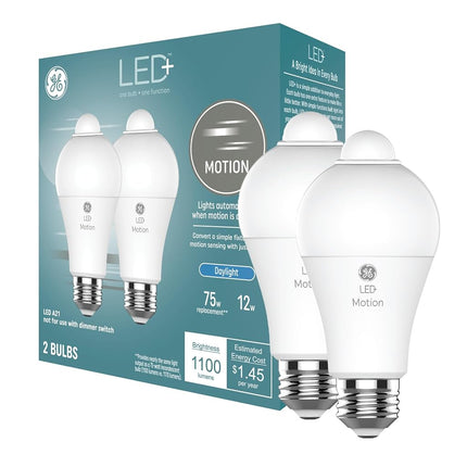 GE LED+ Motion Sensor LED Light Bulbs, 12W, Outdoor Security Lights, Daylight, A21 Bulbs, Great Christmas Gifts for Men, Holiday Gift for Women, Perfect Dad Gifts (2 Pack)