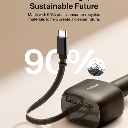 Belkin USB C Car Charger 75W w/ 30in Retractable USB C Cable - iPhone Charger, Compatible with iPhone 16 & 15 Series, Galaxy S25 Series, AirPods, Tablet, MacBook, Chromebook, etc. - Travel Essentials