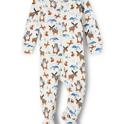 The Children's Place Baby Girls' and Toddler Snug Fit 100% Cotton Zip-Front One Piece Footed Pajama Sleepers, White Woodland, 0-3 Months