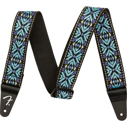 Fender Pasadena Woven Guitar Strap, 2" wide Polyester with Nylon Backing and Leather Ends, Blue Snowflake