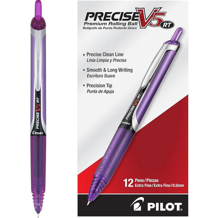 Pilot Precise V5 RT Refillable & Retractable Liquid Ink Rolling Ball Pens, Extra Fine Point (0.5mm) Purple Ink, 12-Pack (26066)