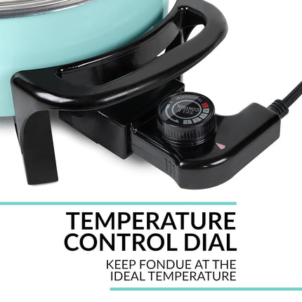 Olla eléctrica para fondue Nostalgia, 12 tazas, máquina de fondue con control de temperatura, 8 tenedores, asas frías al tacto, perfecta para derretir chocolate, queso, caramelo, aguamarina, FPS6AQ