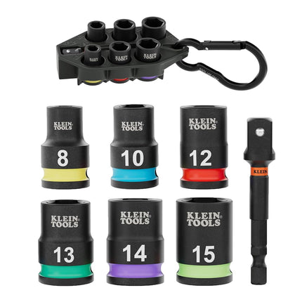 Klein Tools 33808M Grab-and-Go Impact Socket Set, Metric, 7-Piece Set with Sleeve, Carabiner, 3/8-Inch Drive, Color-Coded 8 mm, 10 mm, 12 mm, 13 mm, 14 mm, 15 mm Sockets