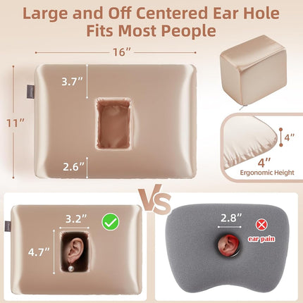 USlixury Piercing Pillow - Ear Piercing Pillow with Foam Plug, 4''H Ear Pillow with 4.7 * 3.2 and Off Center Ear Hole, CertiPUR-US Memory Foam Piercing Pillow for Side Sleeper, Satin Cover, Champagne